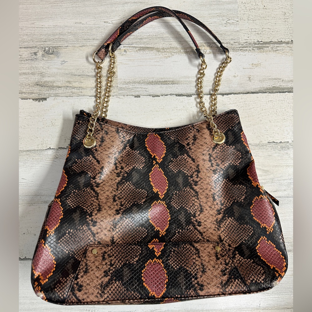 INC International Concepts Snakeskin Print Bag Gold Chain Handle Strap Purse‎